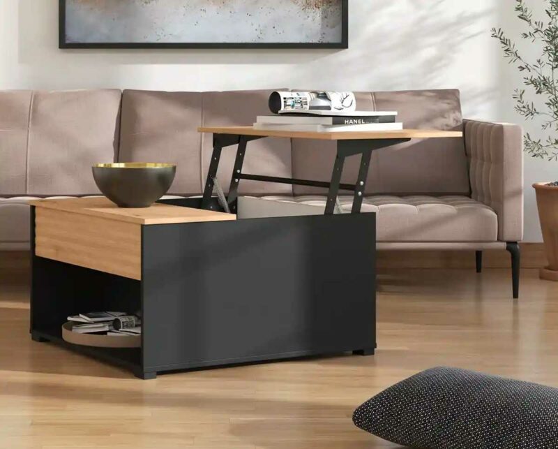 Table basse relevable bois clair et noir avec niche et coffre de rangement