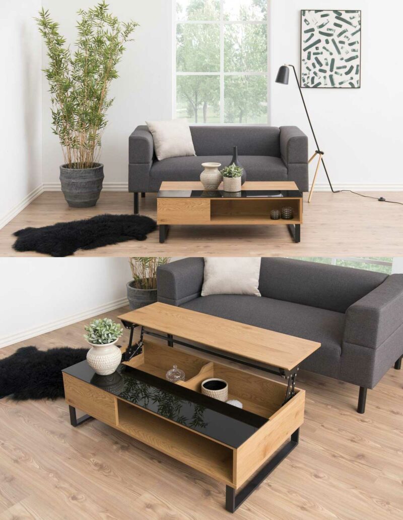 Table basse relevable bois et verre fumé avec rangement intégré