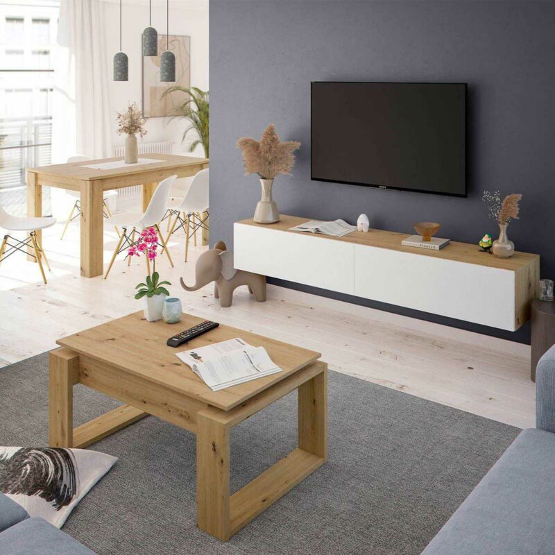 Table basse relevable en bois clair au style scandinave