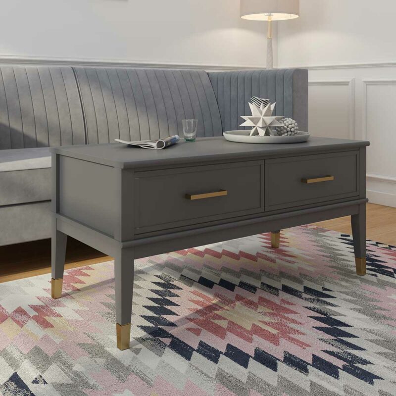 Table basse relevable grise au style classique chic avec détails dorés