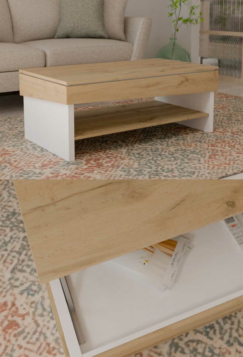Table de salon convertible avec plateau relevable blanc et bois clair