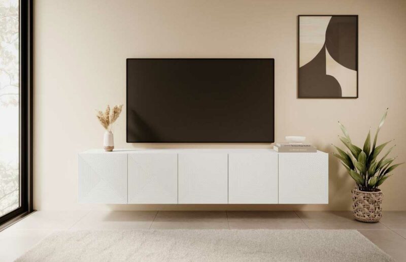 Très grand meuble TV flottant suspendu au mur