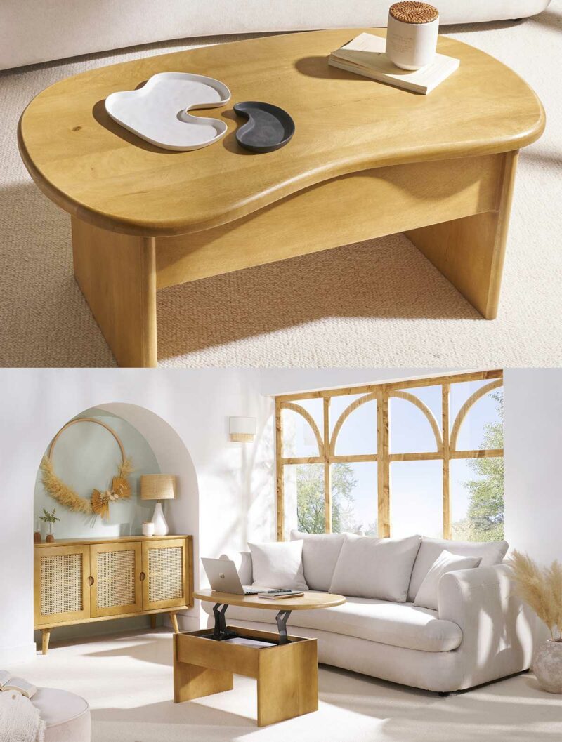 Un design organique : table basse relevable haricot en manguier massif