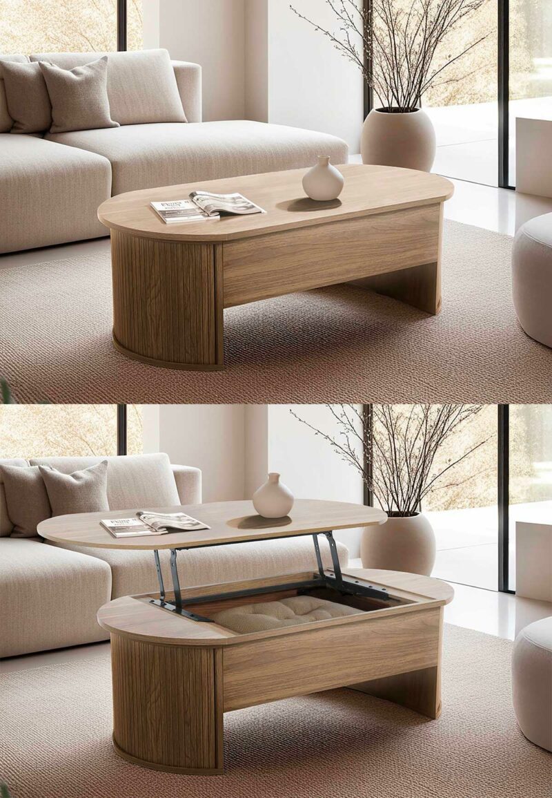 Un design rare : table basse relevable arrondie avec rangement