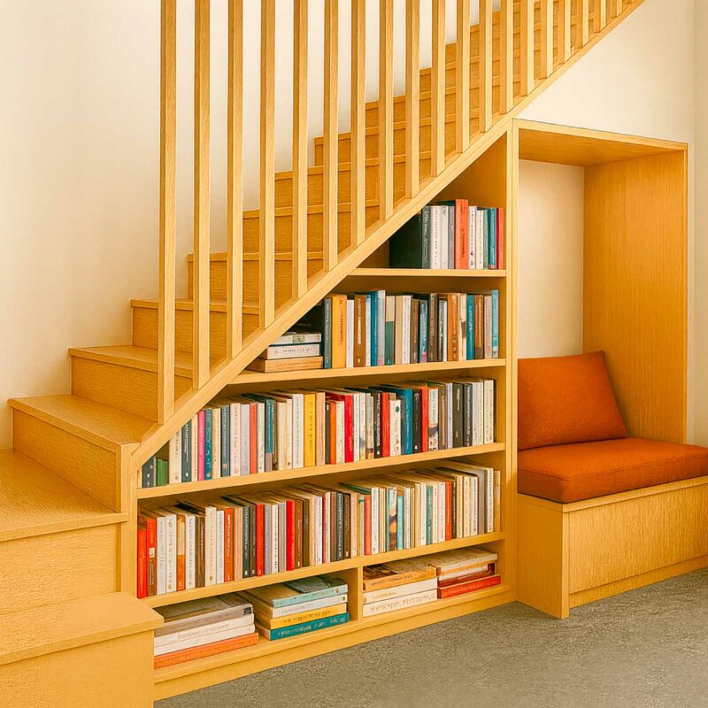 Une bibliothèque sous escalier conçue sur mesure avec banc