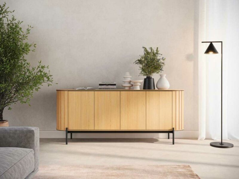 Élégance monumentale : grand meuble TV arrondi de 200 cm en bois clair