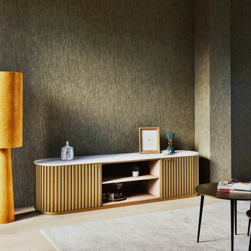 Esprit haut de gamme avec un meuble TV arrondi bois et coloris laiton