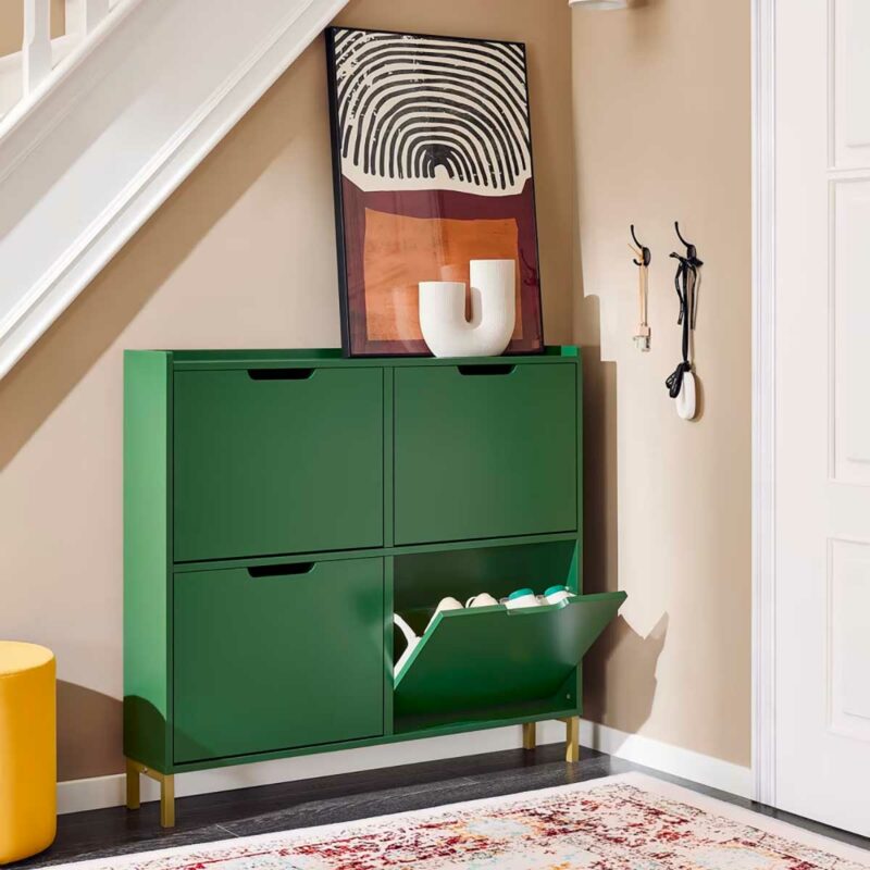 Gain de place dans l'entrée avec ce meuble à chaussure vert design