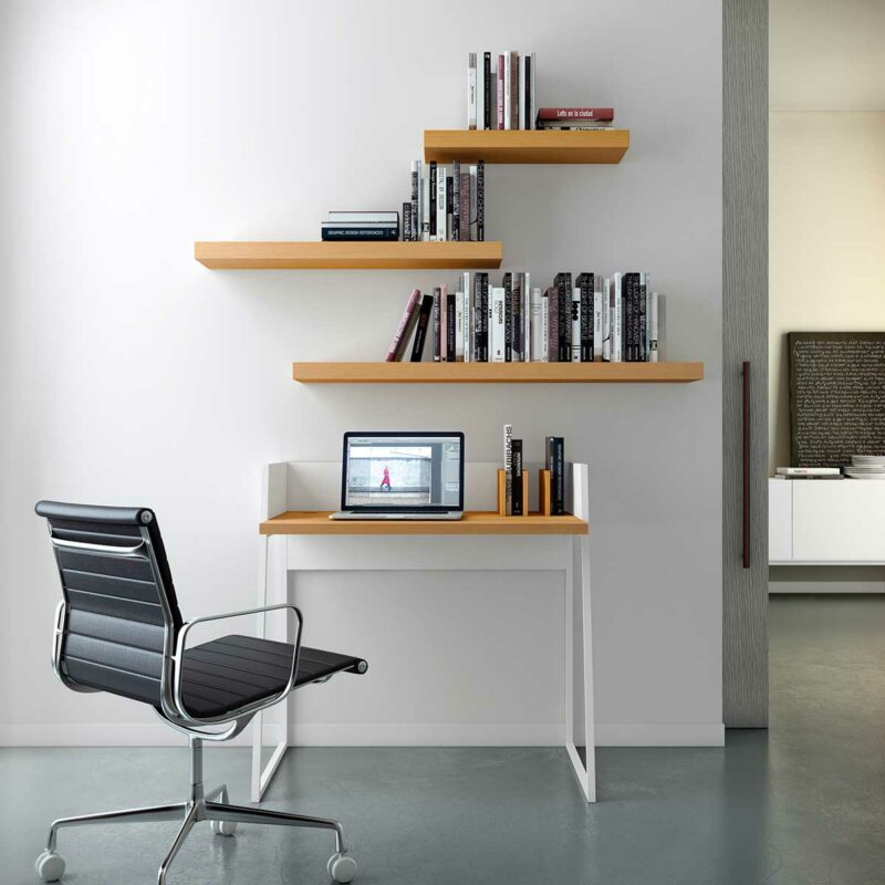 Un bureau sous une étagère dans le salon