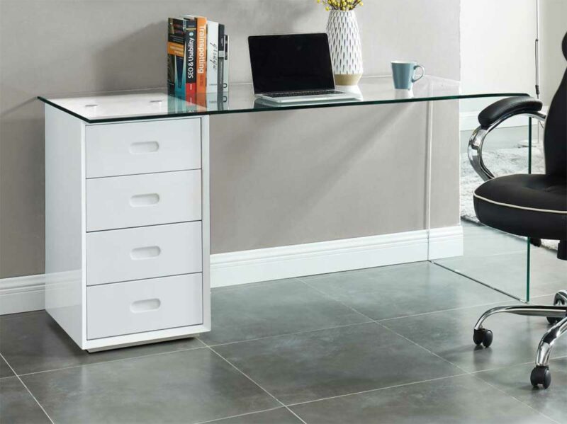 Bureau en verre avec colonne de rangements intégrée