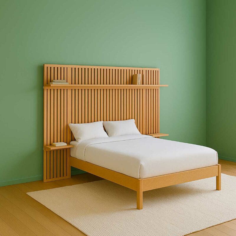 Mur de bois : tête de lit 3 panneaux et tablettes-chevets