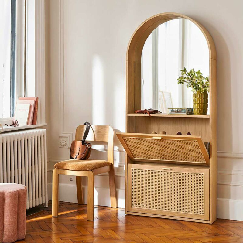 armoire chaussures miroir arrondi rotin chêne entrée soldes La Redoute