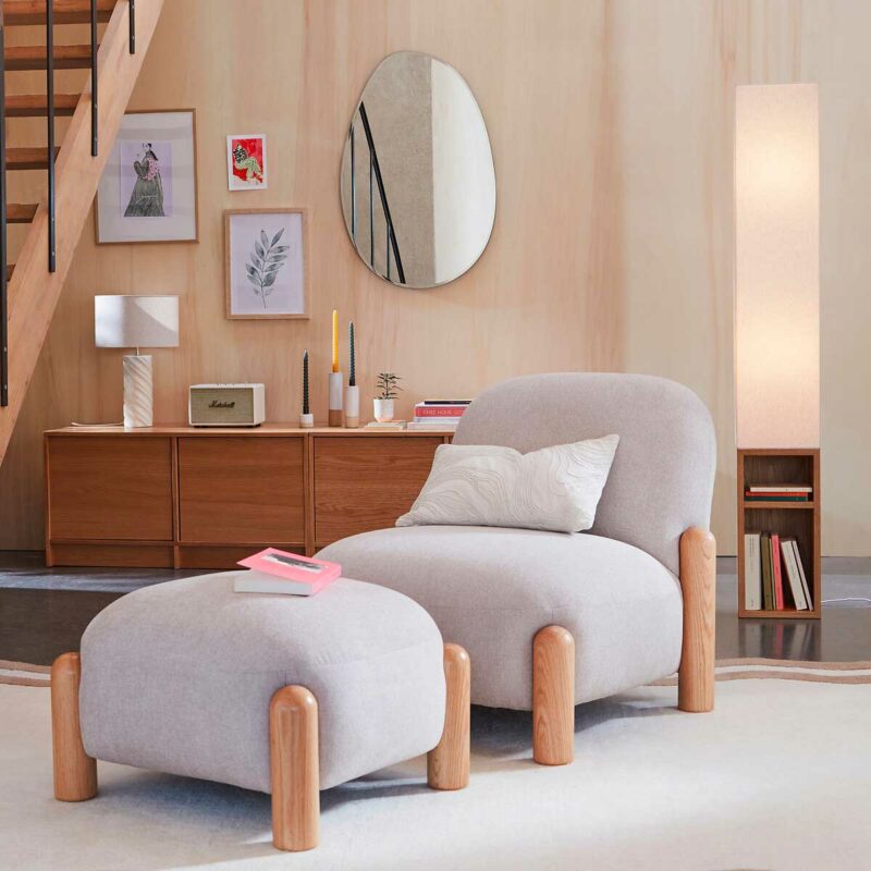 fauteuil tissu chenille beige pieds chêne arrondi soldes La Redoute