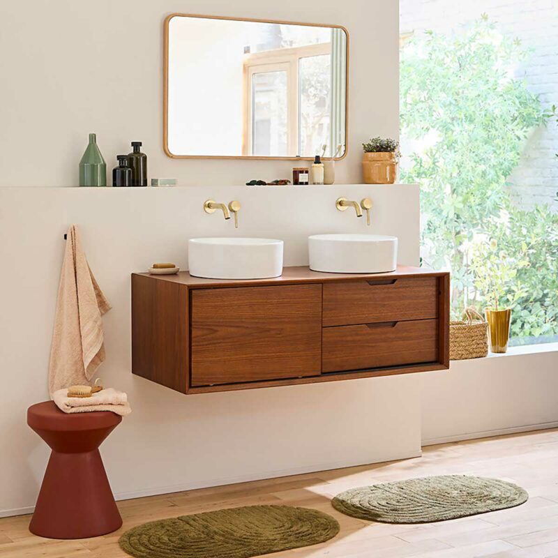 Meuble sous vasque suspendu noyer salle de bain soldes La Redoute