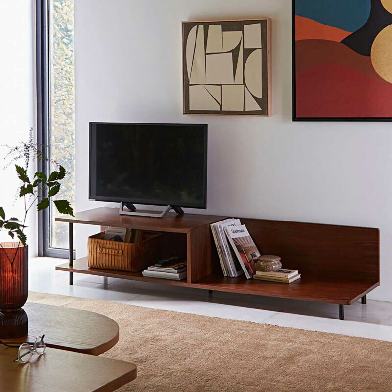 meuble TV plaqué noyer pieds acier noir design épuré soldes La Redoute